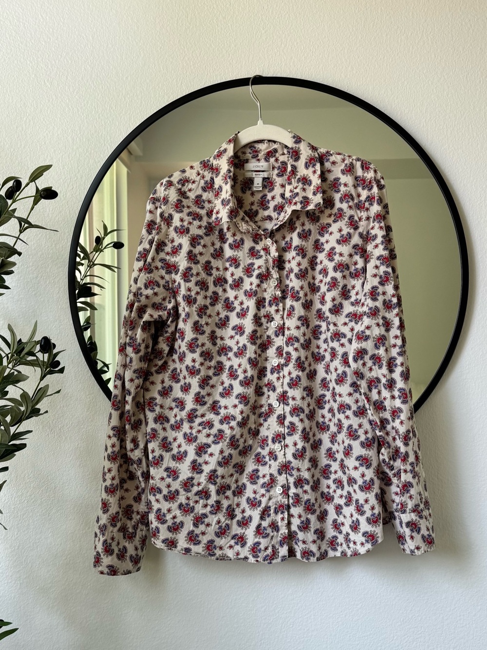 J. Crew Cream Button-Down Shirt with Red & Navy Floral Print Perfect Fit, 16